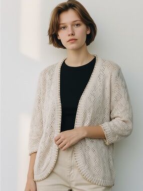 Villager Beige Women's Cardigan with Wood Bead Trim Med Cottagecore Festival